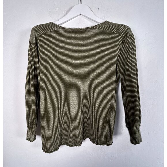 Sundance Womens Olive Green Striped Linen V-Neck Long Sleeve Top Medium Casual - Picture 2 of 8